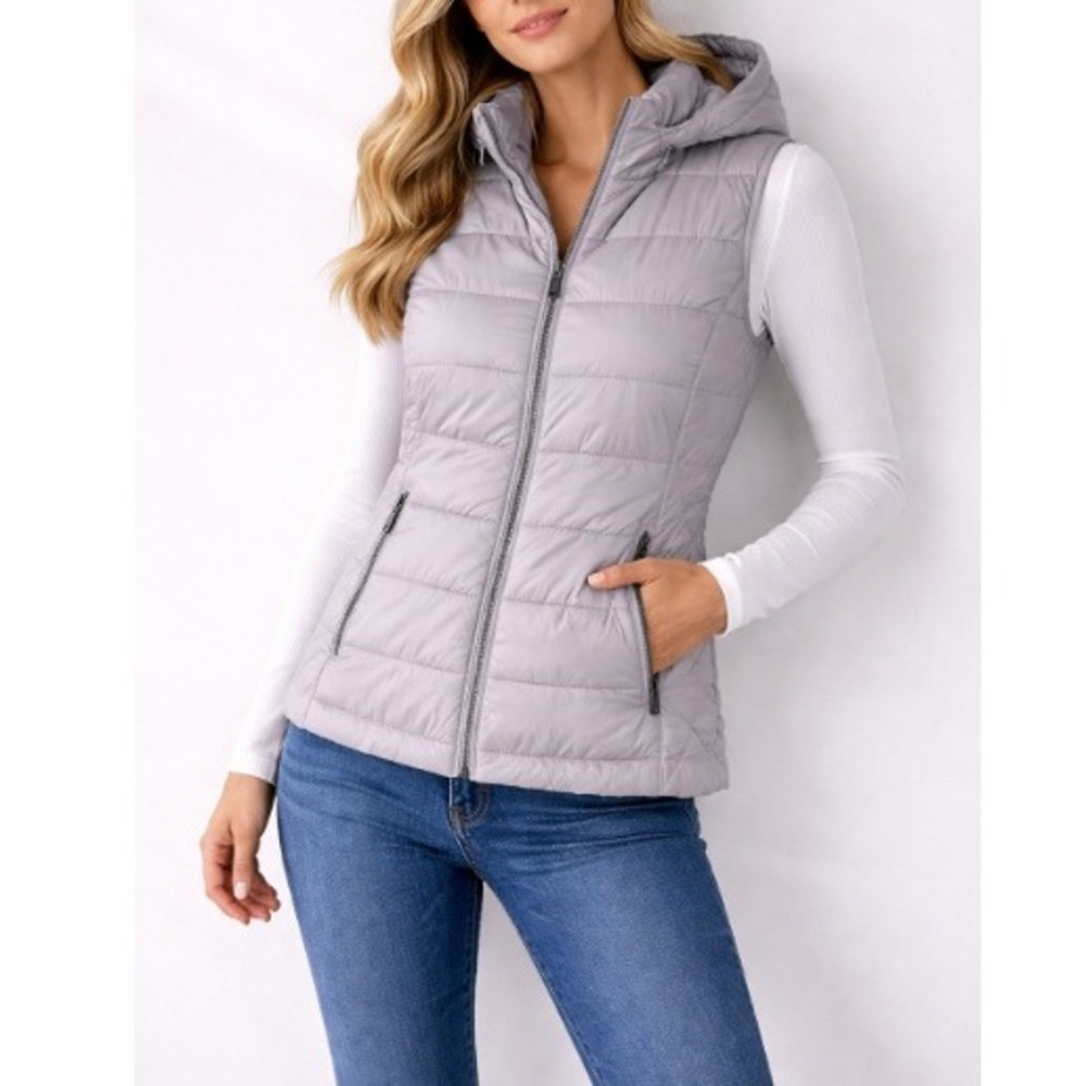 GH Bass & Co. Women's Gray Quilted Full Zip Sleeveless Hooded Puffer Vest Size M